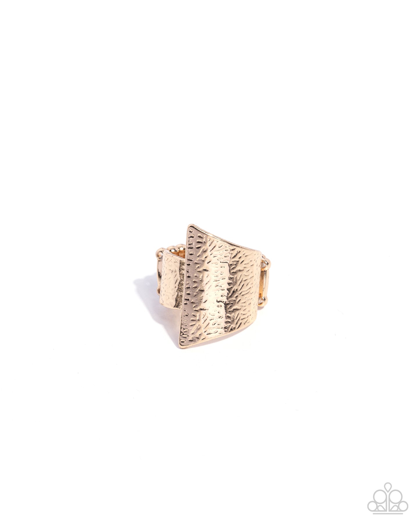 <p>Hammered in rippling details, two mismatched shimmery gold frames asymmetrically overlap across the finger for an edgy look. Features a stretchy band for a flexible fit.</p> <p><i> Sold as one individual ring.</i></p>