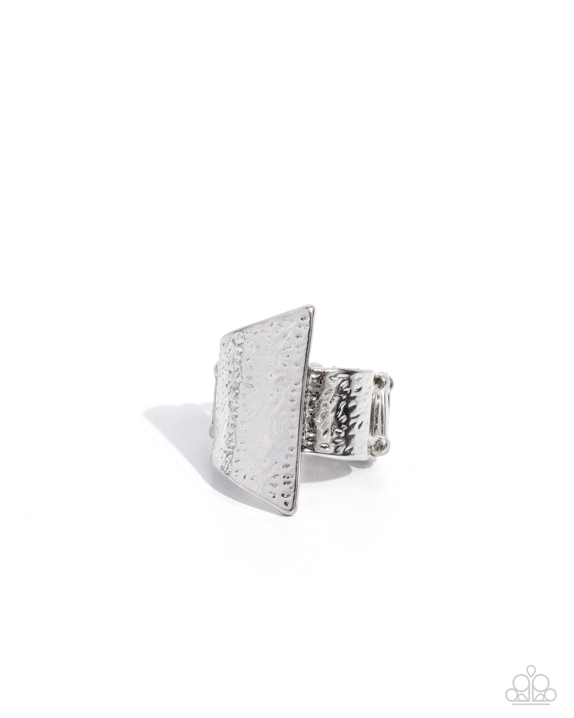 <p>Hammered in rippling details, two mismatched silver frames asymmetrically overlap across the finger for an edgy look. Features a stretchy band for a flexible fit.</p> <p><i> Sold as one individual ring.</i></p>