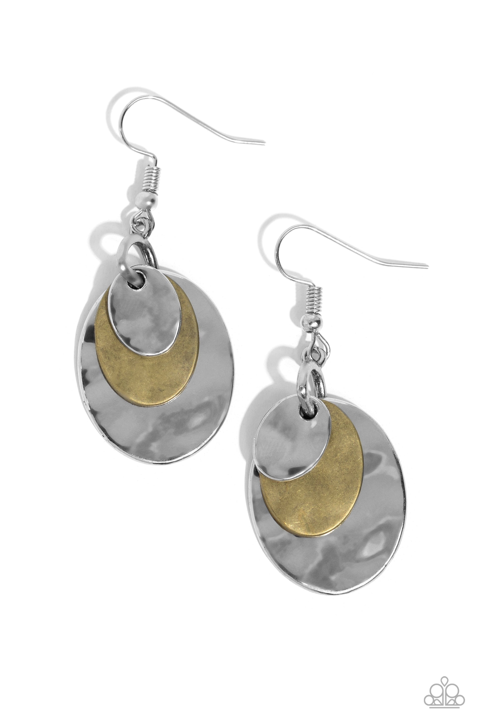 <p>Hammered brass and silver ovals delicately overlap into a rustic lure, creating an artisan inspired display. Earring attaches to a standard fishhook fitting.</p> <p><i> Sold as one pair of earrings.</i></p>