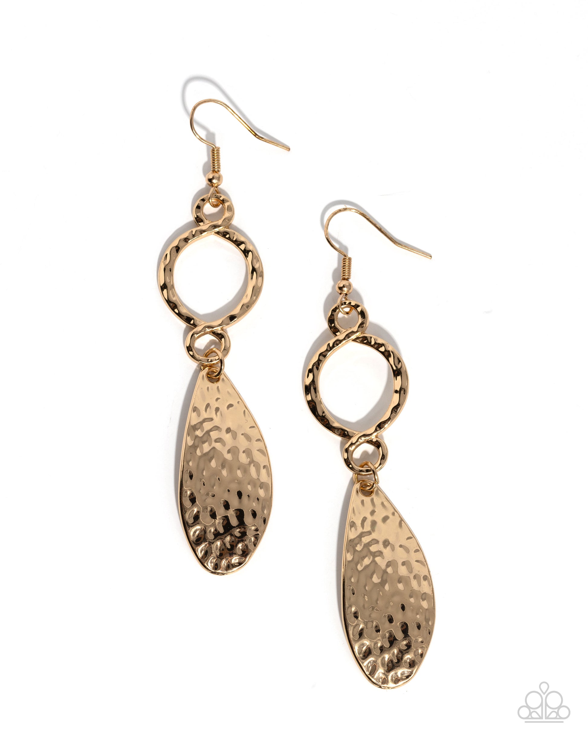 <p>Hammered gold bars swoop into a chic hoop that links with a hammered gold oval plate, creating a refined lure. Earring attaches to a standard fishhook fitting.</p> <p><i> Sold as one pair of earrings.</i></p>