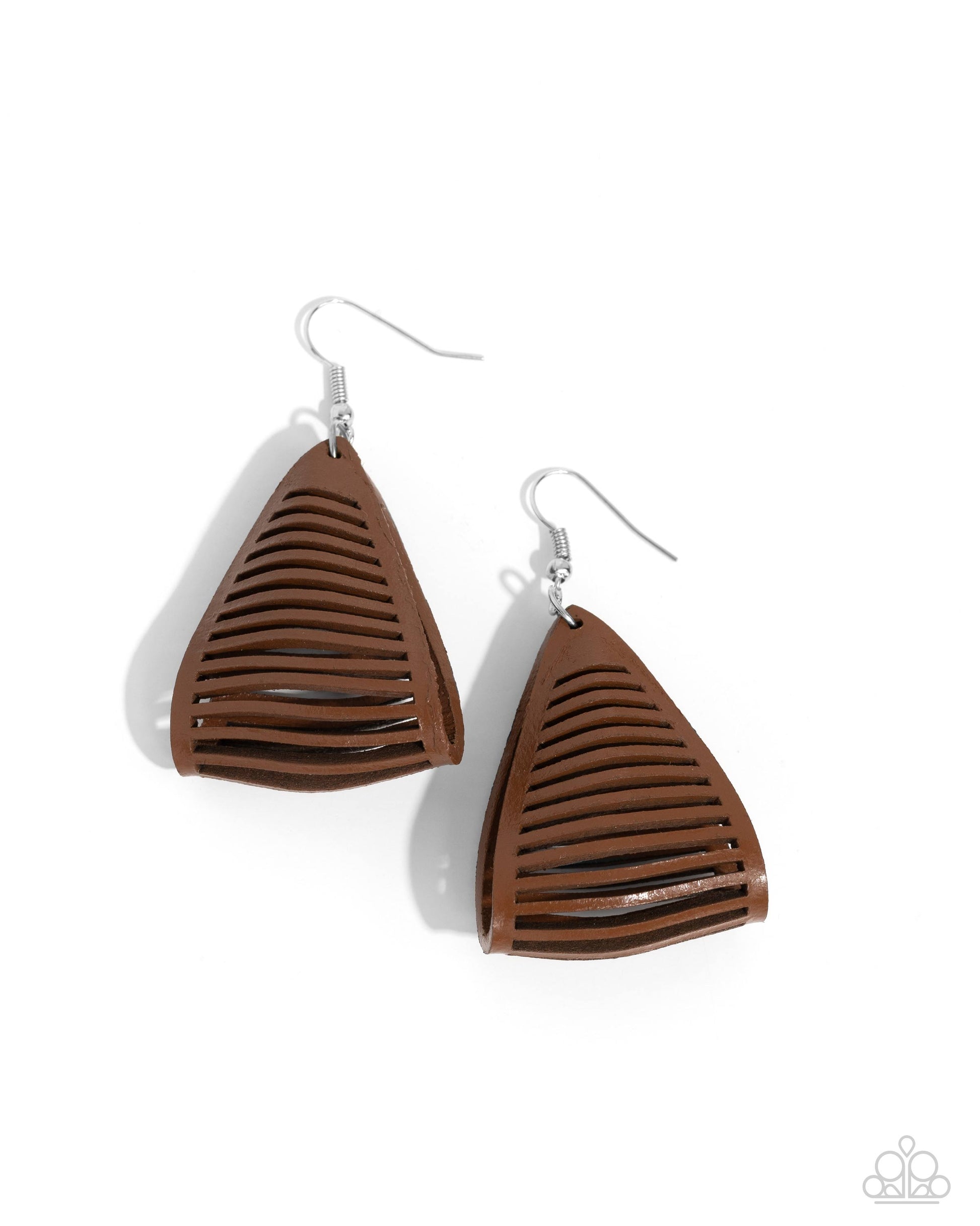 <p>The center of a rustic brown leather frame is spliced into airy rows as it delicately folds into an edgy triangular frame, creating a seasonal fashion. Earring attaches to a standard fishhook fitting.</p> <p><i> Sold as one pair of earrings.</i></p>