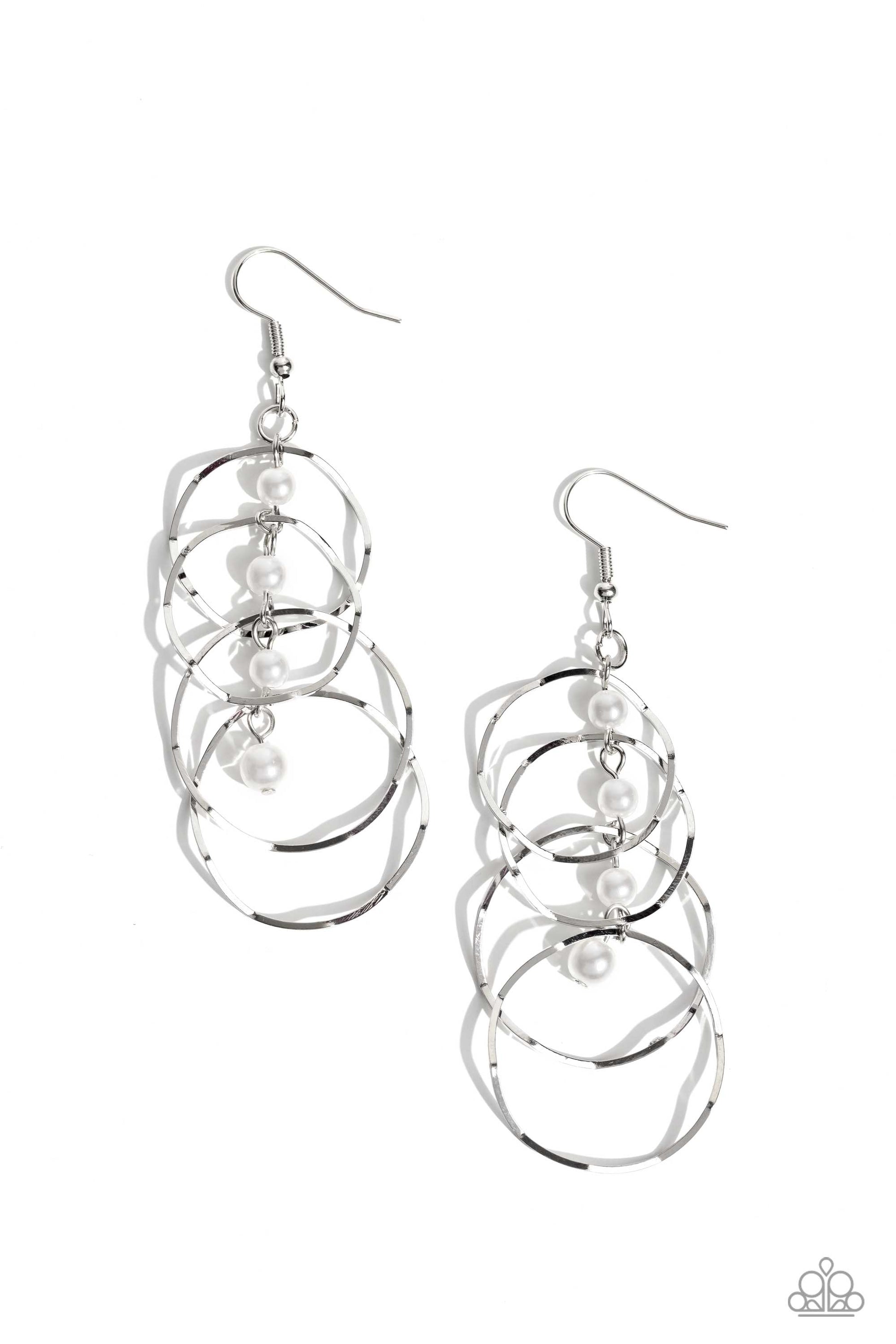 <p>Zigzagging silver hoops trickle from a dainty strand of white pearls, overlapping into a bubbly lure. Earring attaches to a standard fishhook fitting.</p> <p><i> Sold as one pair of earrings.</i></p>