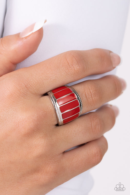 <p>An oversized row of shiny red rectangular accents are bordered by textured silver bands, resulting in bold swatches of color across the finger. Features a stretchy band for a flexible fit.</p> <p><i> Sold as one individual ring.</i></p>
