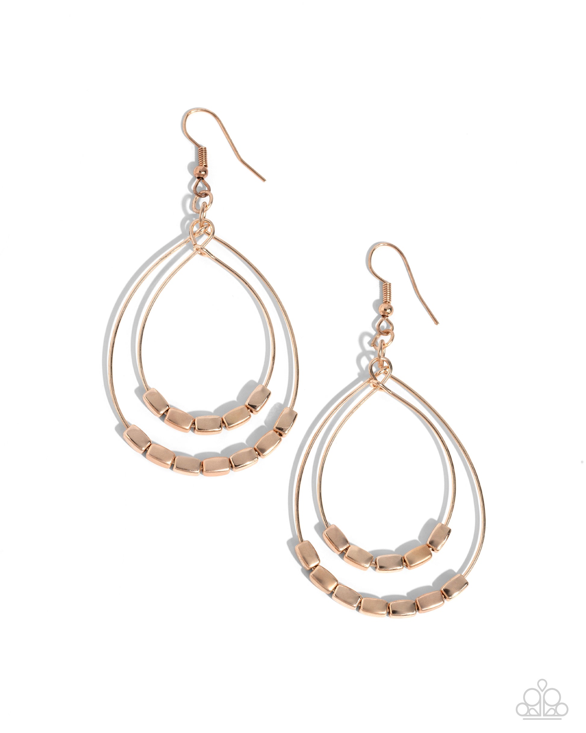 <p>Dainty rectangular beads glide along the bottoms of two rose gold wires that delicately bend into a layered teardrop. Earring attaches to a standard fishhook fitting.</p> <p><i> Sold as one pair of earrings.</i></p>