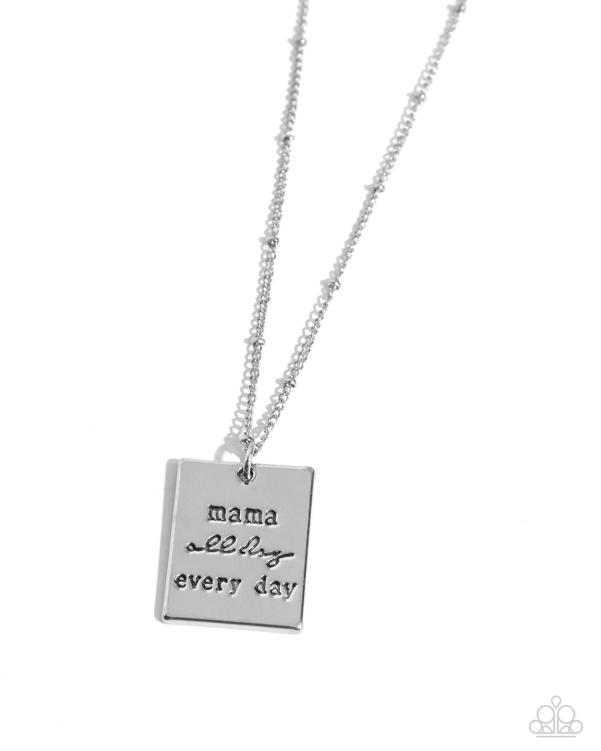 <p>Infused with dainty silver studs on a dainty silver chain, a silver rectangular plate is stamped with the phrase "mama all day every day," for a monochromatic, minimalistic tribute. Features an adjustable clasp closure.</p> <p><i> Sold as one individual necklace. Includes one pair of matching earrings.</i></p>