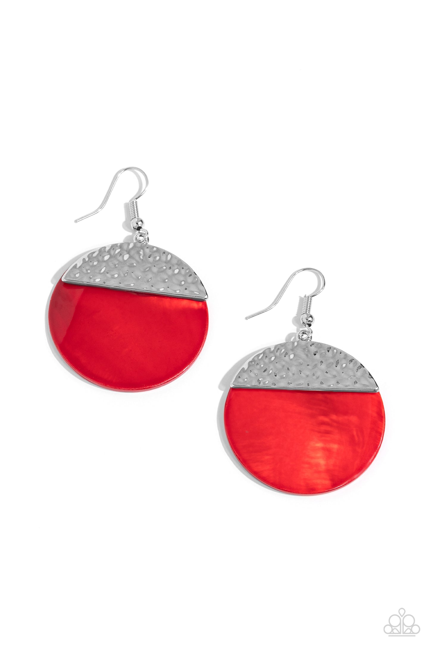 <p>Flat, oversized, red shell discs swing from the ear for a deceptively simple, beach-inspired statement. Prominently featured at the top of the shell setting, a hammered, half-moon of silver rests for an industrial shimmer to the whimsical design. Earring attaches to a standard fishhook fitting.</p> <p><i> Sold as one pair of earrings.</i></p>