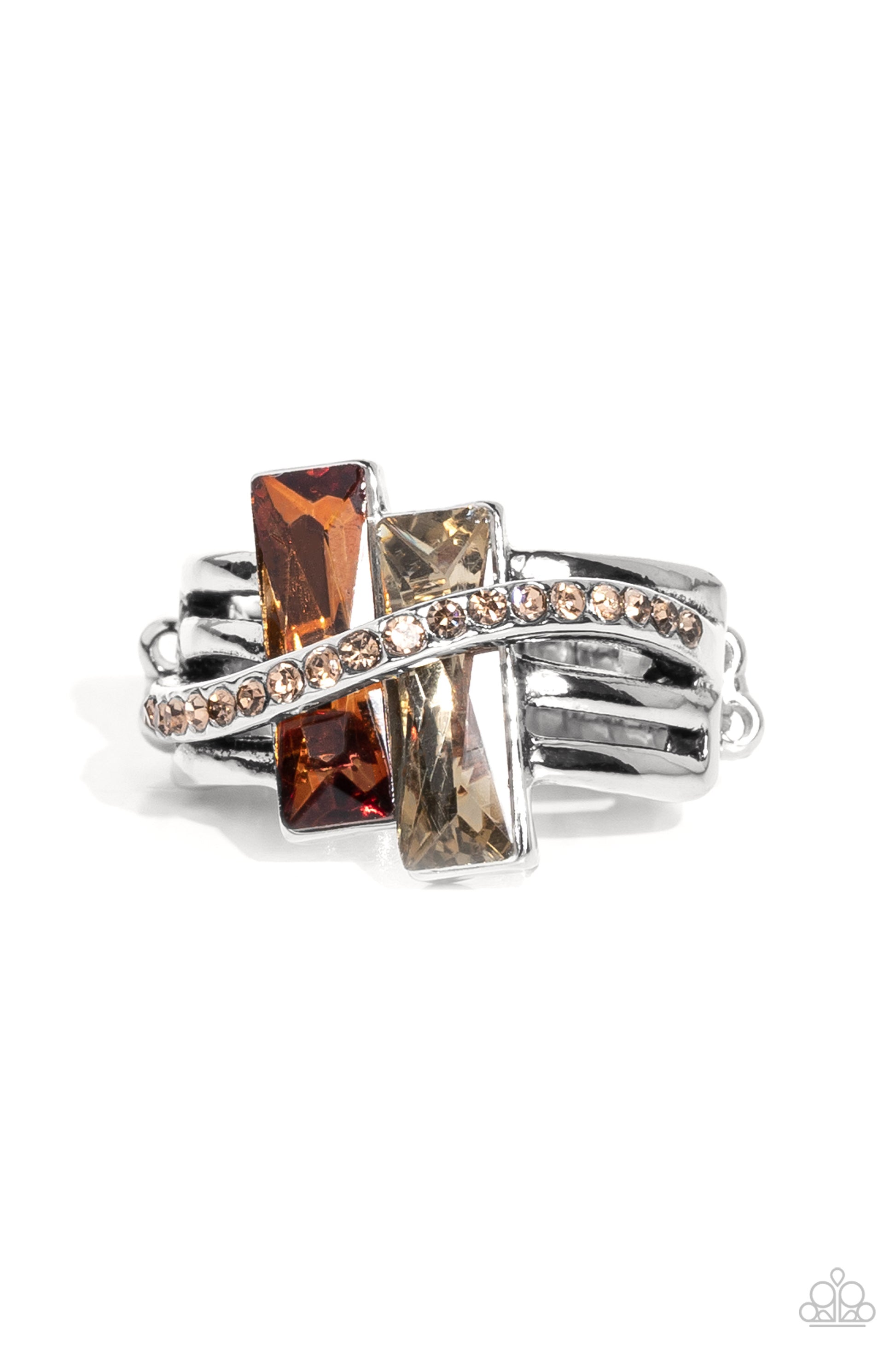 <p>Nestled in the center of three linear silver bars, two emerald-cut bars, one a glassy topaz gem, the other a glassy light-colored topaz gem, slant across the finger for a gritty display. A thin bar of silver, encrusted with dainty light-colored topaz rhinestones, curves up and over the slanted emerald-cut bars for additional shimmer and structure atop the finger. Features a dainty stretchy band for a flexible fit.</p> <p><i> Sold as one individual ring.</i></p>