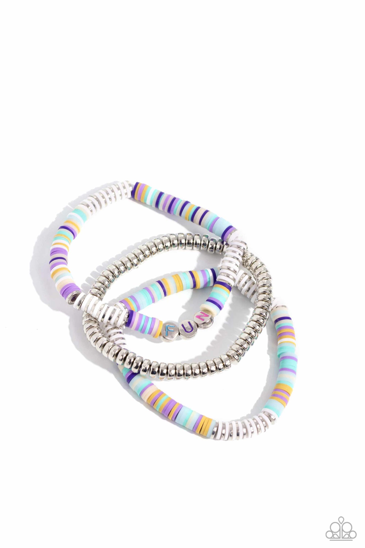 <p>Colorful clay discs with silver discs combine with a strand of silver beads for a dramatic pop of color along the wrist on stretchy bands. Infused along one of the multicolored stacks, silver beads with turquoise, pink, and purple-painted letters spell out the word "FUN," adding a carefree finish to the design.</p> <p><i> Sold as one set of three bracelets.</i></p>