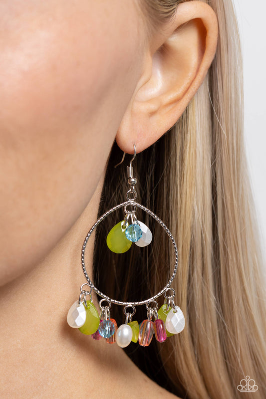 <p>Opaque Leek Green teardrops, various clear Rose Violet, turquoise, and pink beads, an opaque Leek Green chiseled acrylic piece, and oval and textured teardrop pearls dangle from the top and bottom of an oversized, textured silver teardrop frame, creating a glamorous fringe. Earring attaches to a standard fishhook fitting.</p> <p><i> Sold as one pair of earrings.</i></p>