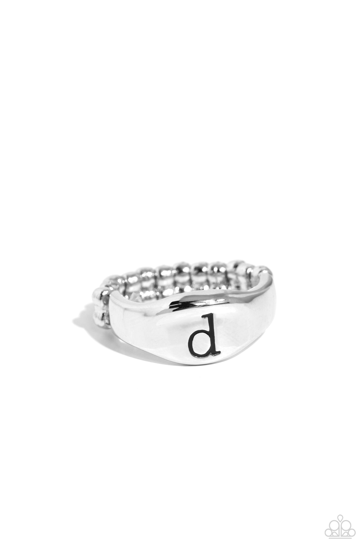<p>Pressed into the center of a beveled silver band, the black letter "d" stands out for a simple, sentimental centerpiece. Features a stretchy band for a flexible fit.</p> <p><i> Sold as one individual ring.</i></p>