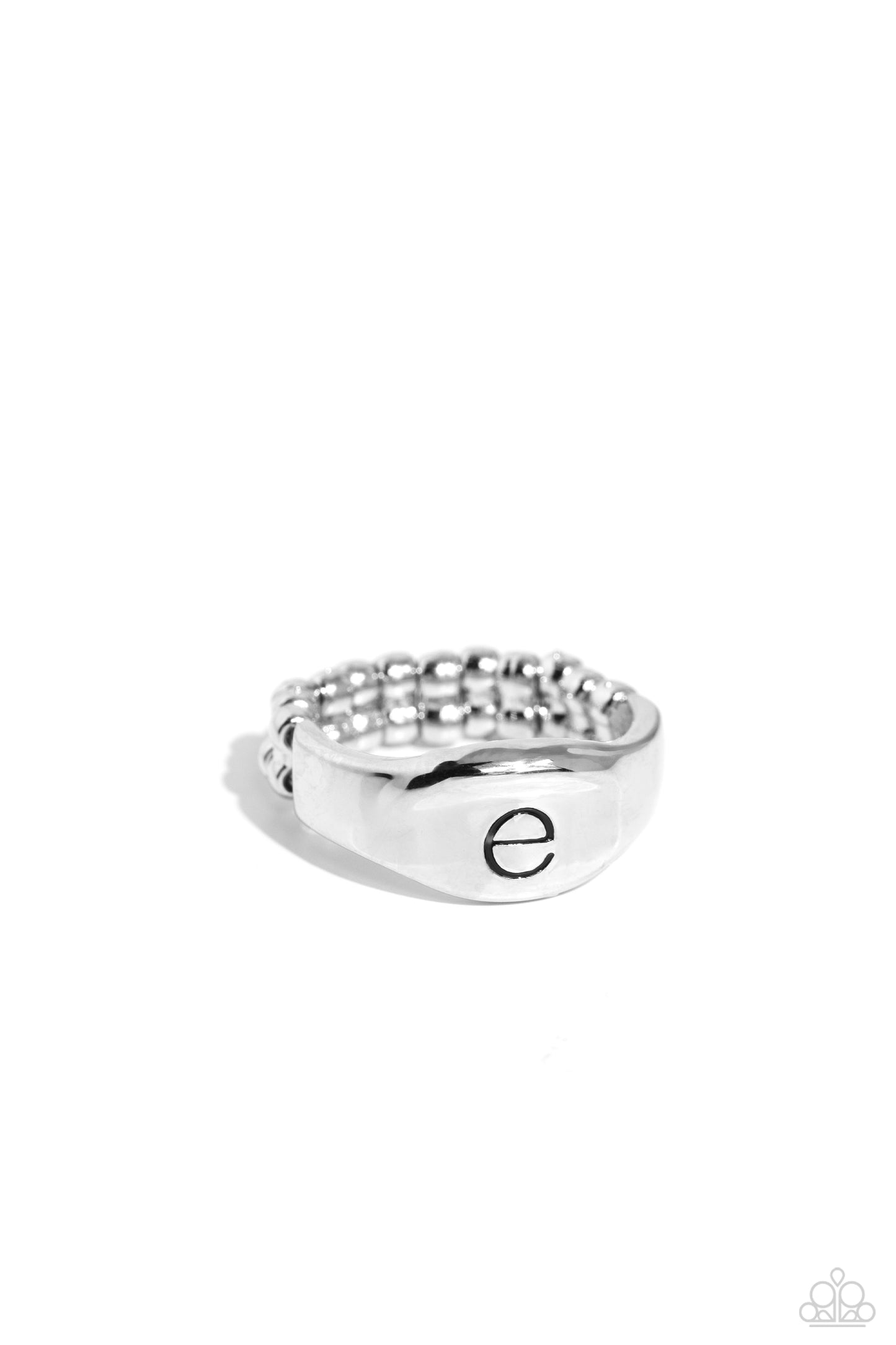 <p>Pressed into the center of a beveled silver band, the black letter "e" stands out for a simple, sentimental centerpiece. Features a stretchy band for a flexible fit.</p> <p><i> Sold as one individual ring.</i></p>