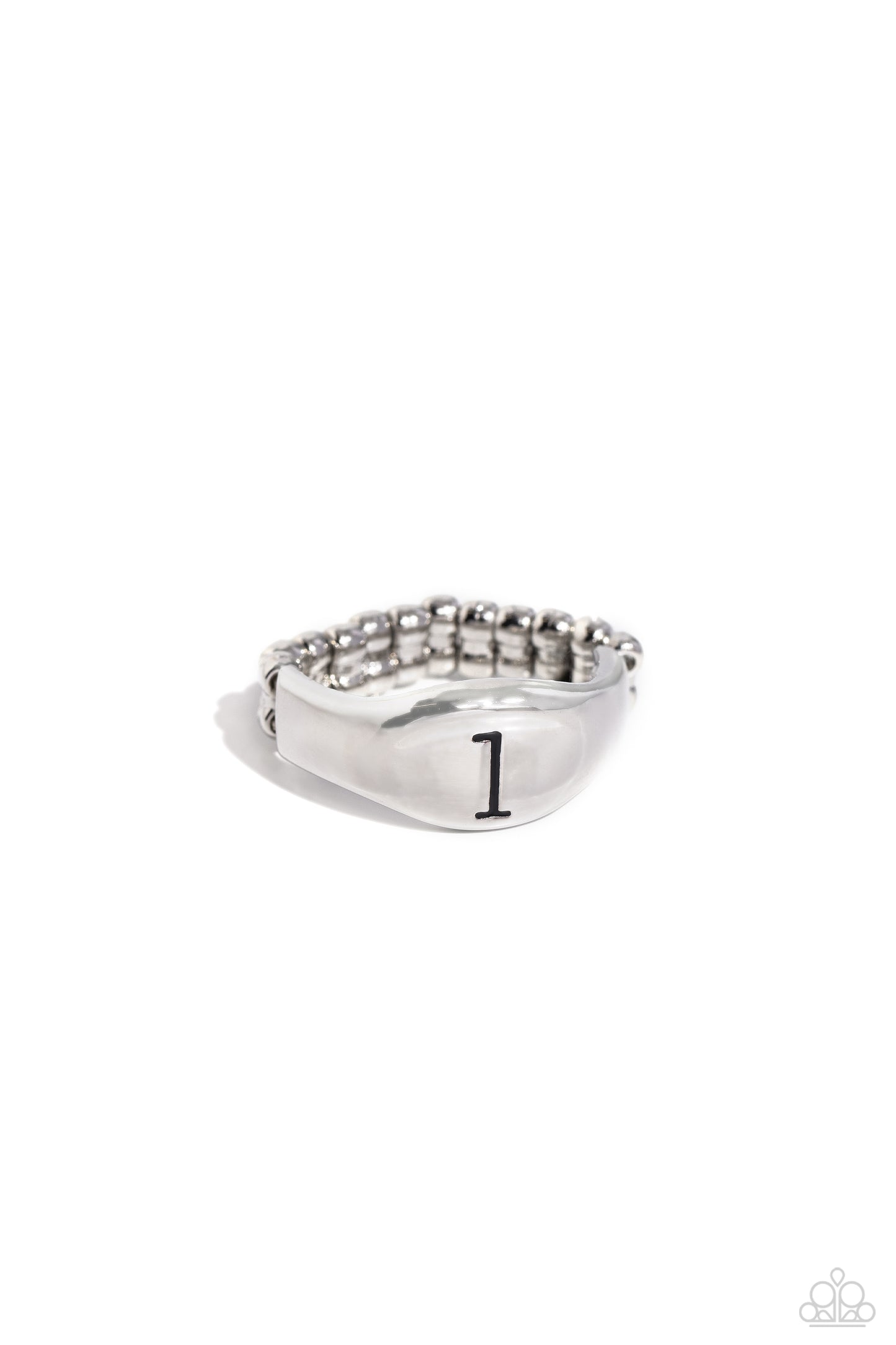 <p>Pressed into the center of a beveled silver band, the black letter "l" stands out for a simple, sentimental centerpiece. Features a stretchy band for a flexible fit.</p> <p><i> Sold as one individual ring.</i></p>