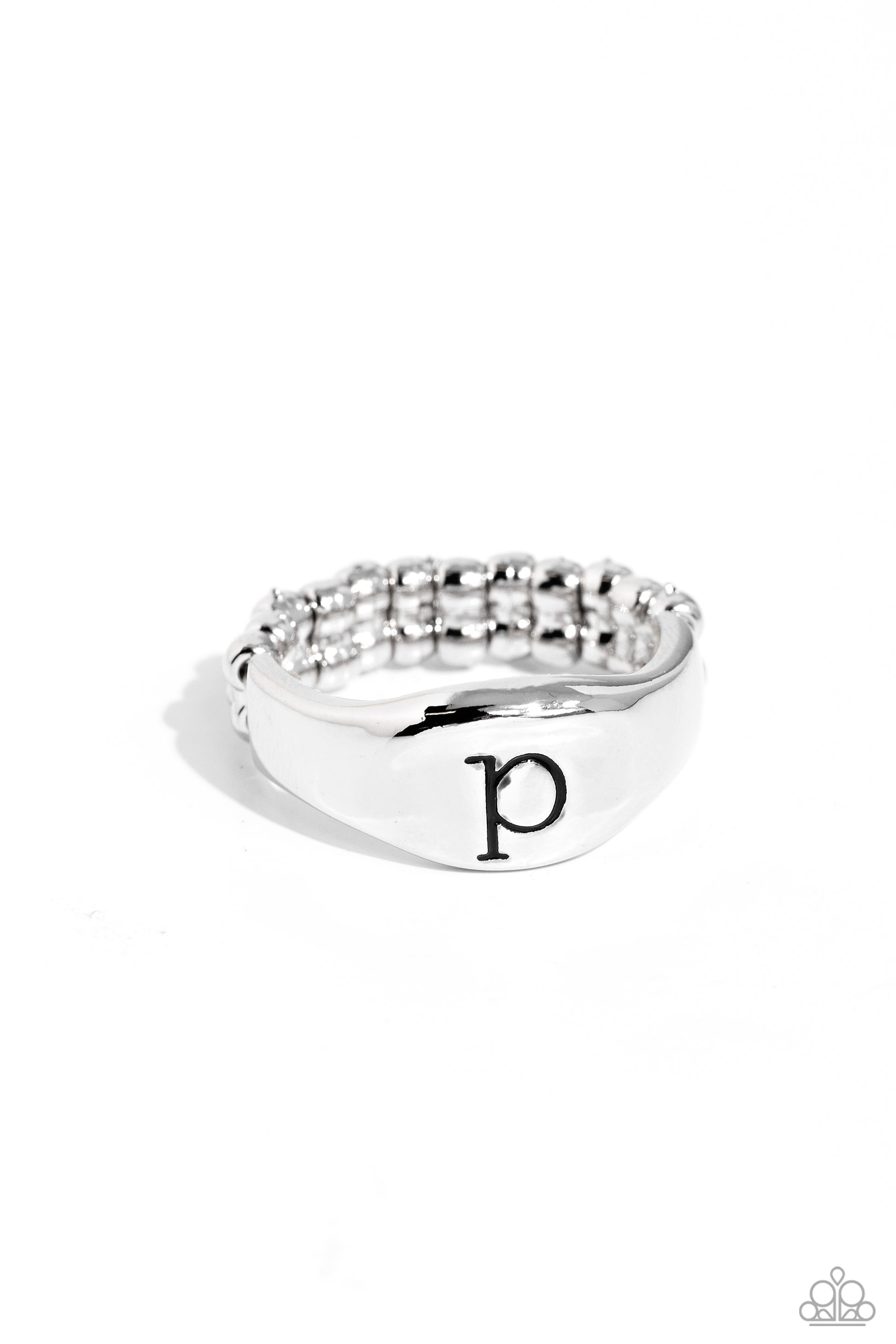 <p>Pressed into the center of a beveled silver band, the black letter "p" stands out for a simple, sentimental centerpiece. Features a stretchy band for a flexible fit.</p> <p><i> Sold as one individual ring.</i></p>