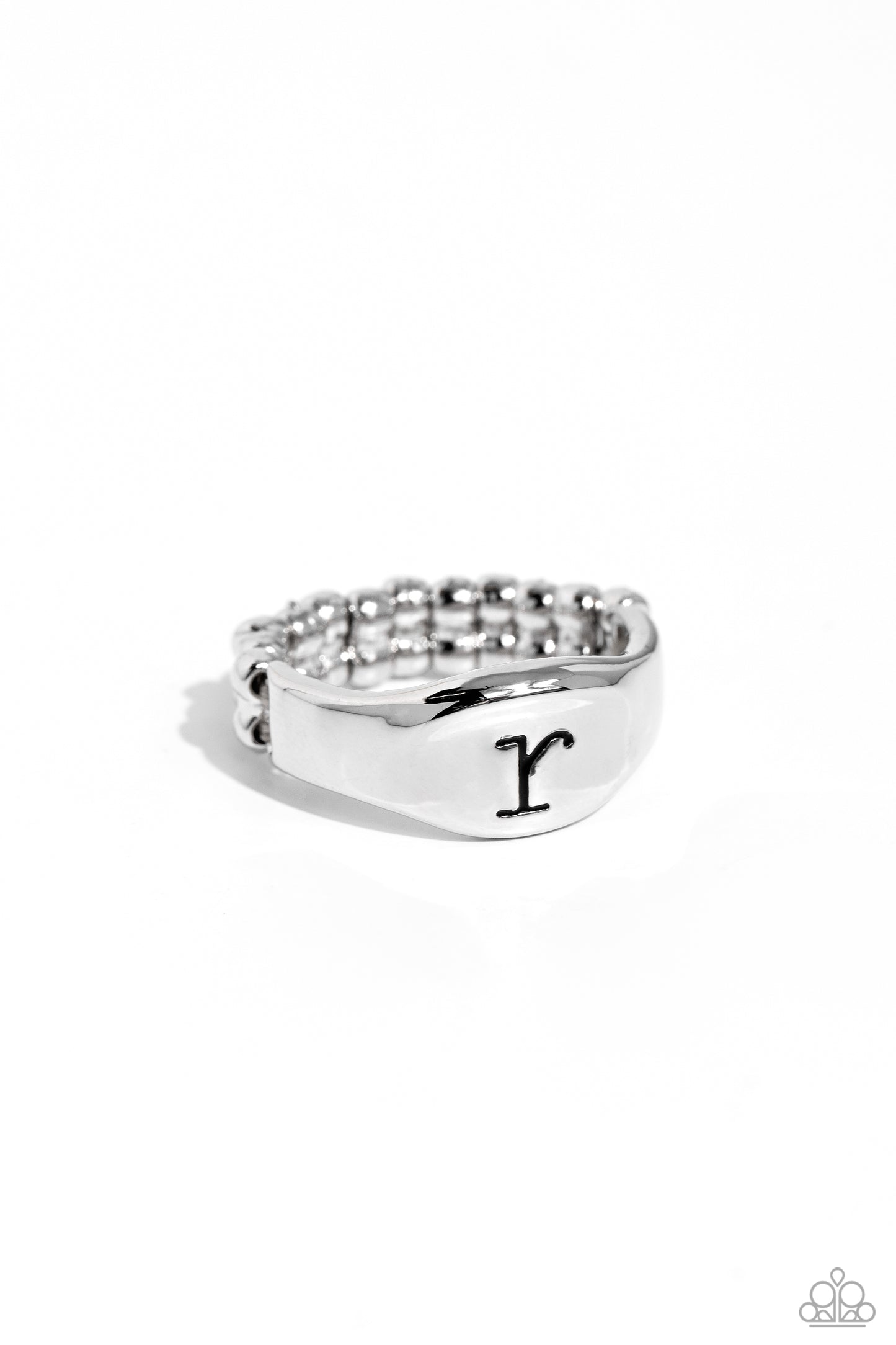 <p>Pressed into the center of a beveled silver band, the black letter "r" stands out for a simple, sentimental centerpiece. Features a stretchy band for a flexible fit.</p> <p><i> Sold as one individual ring.</i></p>