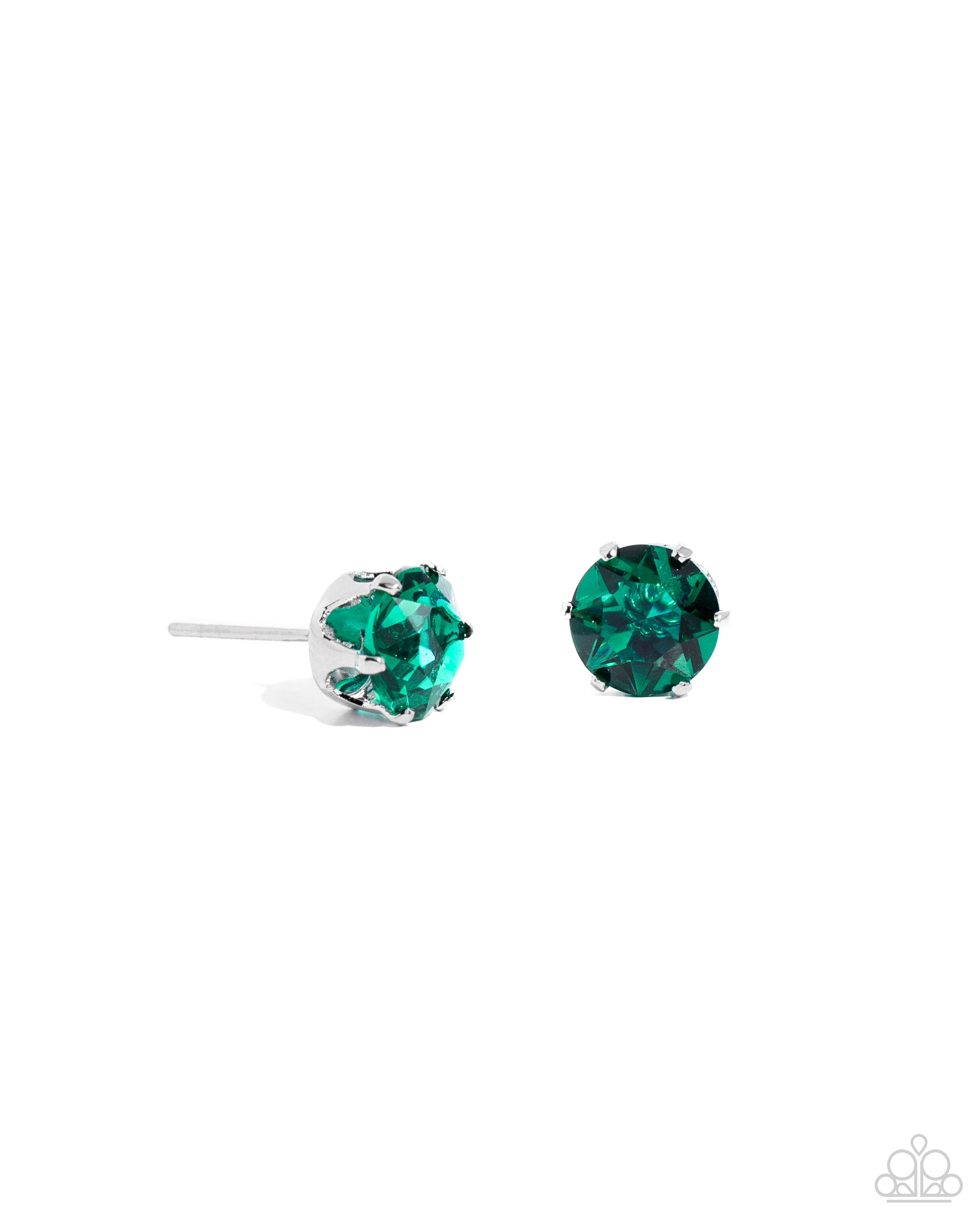 <p>A sparkling emerald rhinestone is nestled inside a classic silver frame for a beautiful birthstone-inspired display. Earring attaches to a standard post fitting.</p> <p><i> Sold as one pair of post earrings.</i></p>