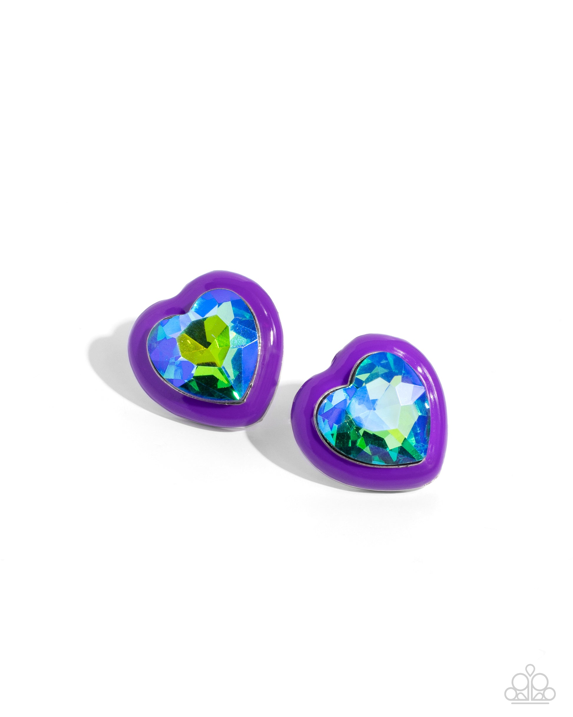<p>Pressed in a border of purple paint, an oversized UV shimmery heart gem glimmers from the ear, resulting in a romantic-inspired display. Earring attaches to a standard post fitting.</p> <p><i> Sold as one pair of post earrings. </i></p> <br><b> Get The Complete Look! </b> <br>Necklace: "Heartfelt Hope - Purple" (Sold Separately)