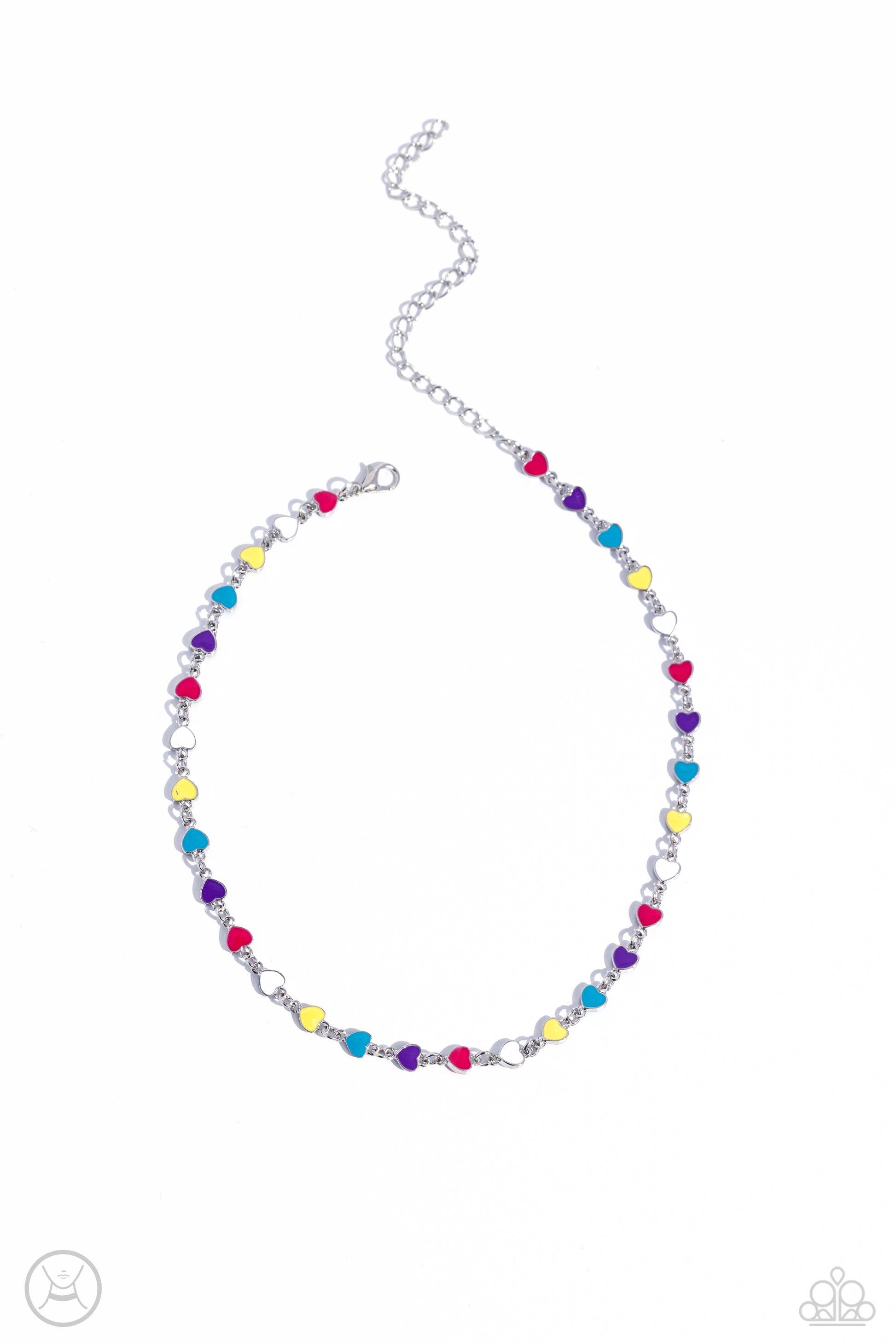 <p>Multicolored-painted silver hearts interconnect around the collar for a simply sentimental look. Features an adjustable clasp closure.</p> <p><i>Sold as one individual choker necklace. Includes one pair of matching earrings. </i></p> &nbsp;<img src="https://d9b54x484lq62.cloudfront.net/paparazzi/shopping/images/517_chokericon_1.jpg" alt="Choker" align="middle" height="50" width="50">