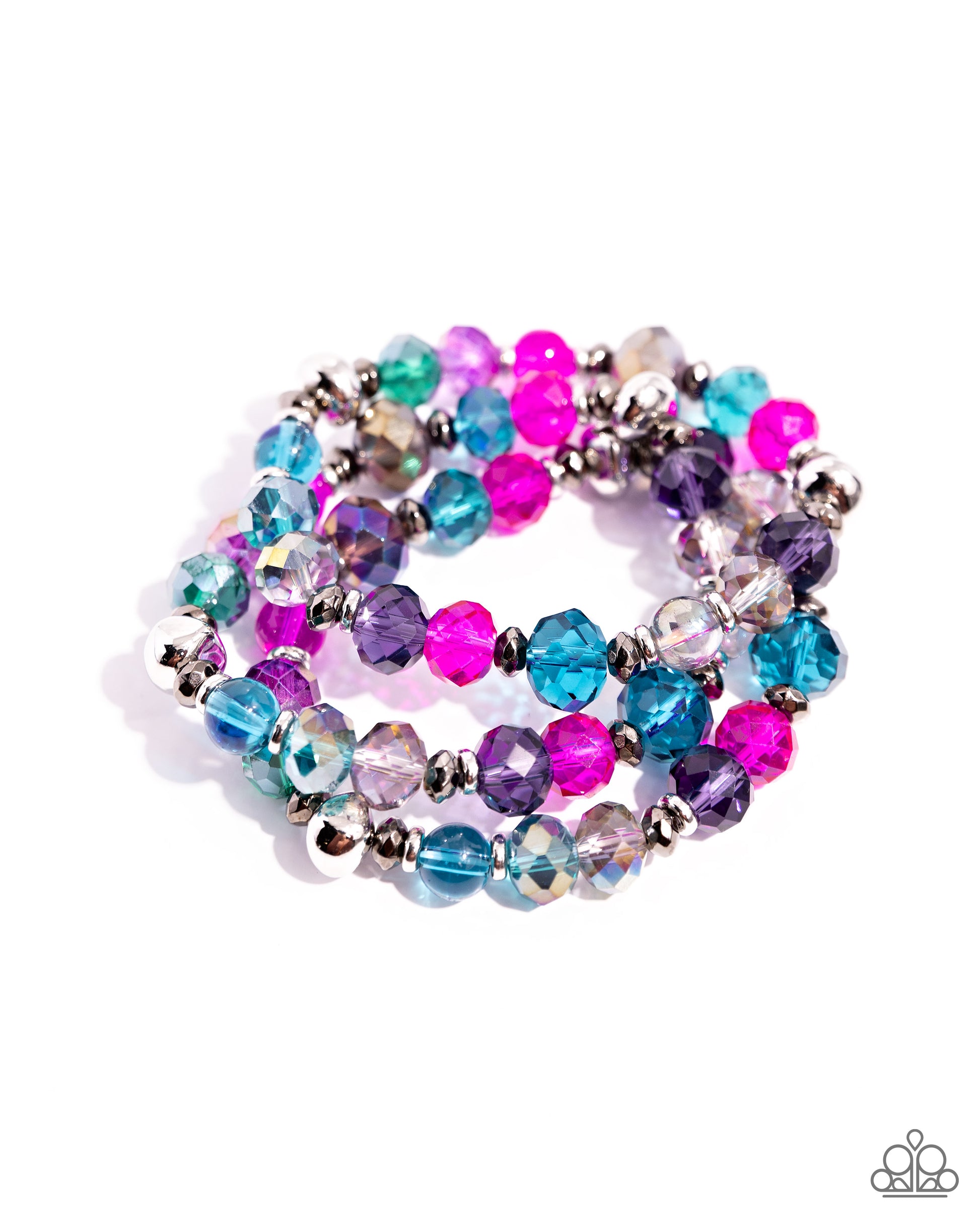 <p>Infused along elastic stretchy bands, a collection of highly-faceted multicolored beads in various shades and silver and gunmetal beads stack along the wrist for a pop of color.</p> <p><i> Sold as one set of three bracelets.</i></p>