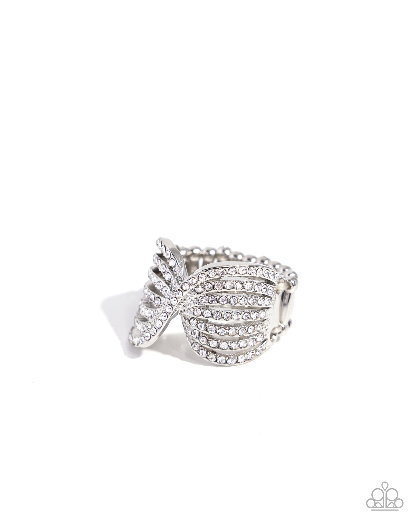 <p>Encrusted in glassy white rhinestones, glistening silver ribbons loop and twist across the center of the finger for a refined look. Features a stretchy band for a flexible fit.</p> <p><i> Sold as one individual ring.</i></p>
