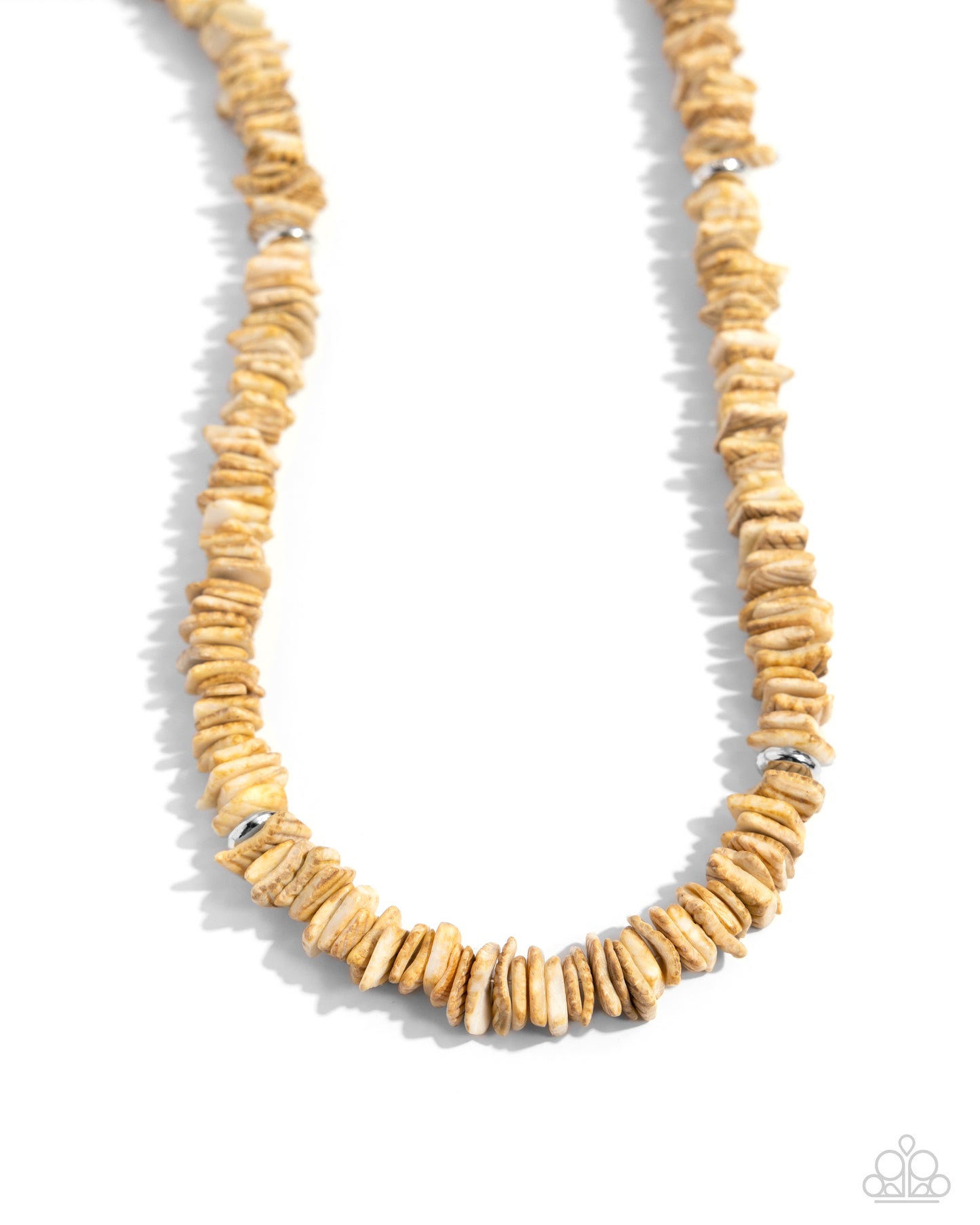 <p>Modeled after a puka shell necklace, chiseled tan shells are infused along an invisible string around the neckline with silver discs sporadically interrupting the design for a touch of monochromatic color. Features an adjustable clasp closure.</p> <p><i>Sold as one individual necklace.</i></p>