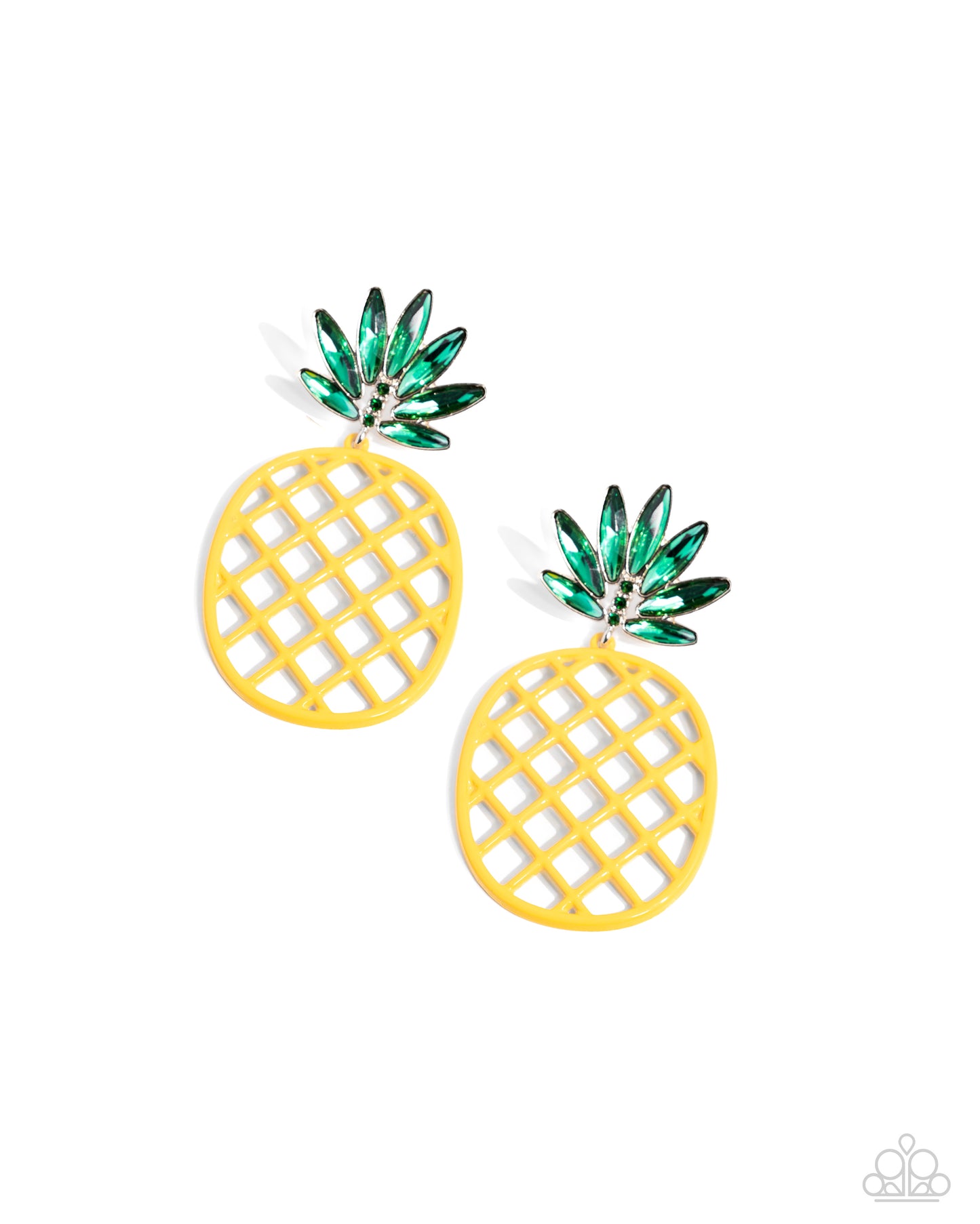 <p>Pressed in gold frames, a collection of green elongated oval gems fan out around the ear from a trio of three dainty green rhinestones. The green bejeweled array gives way to a yellow airy frame, resembling an oversized pineapple for a fruity finish. Earring attaches to a standard post fitting.</p> <p><i> Sold as one pair of post earrings.</i></p>