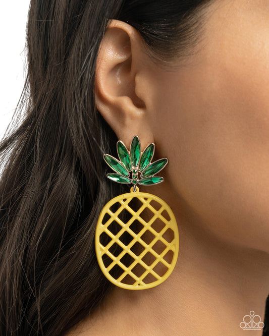 <p>Pressed in gold frames, a collection of green elongated oval gems fan out around the ear from a trio of three dainty green rhinestones. The green bejeweled array gives way to a yellow airy frame, resembling an oversized pineapple for a fruity finish. Earring attaches to a standard post fitting.</p> <p><i> Sold as one pair of post earrings.</i></p>