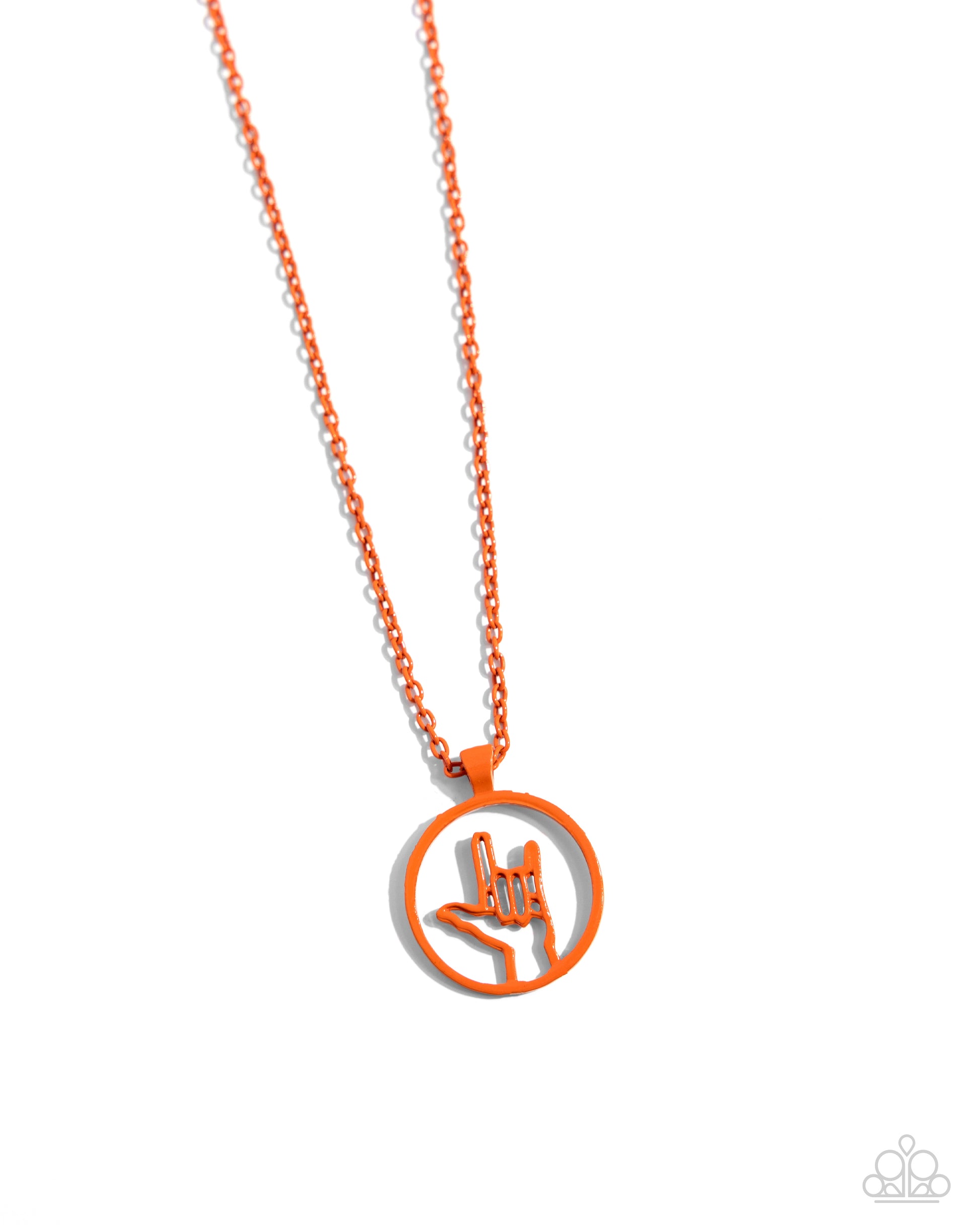 <p>Dipped in a vibrant orange hue, an airy pendant featuring an ASL "I love you" sign glides along a dainty chain for a colorful, visually interesting display. Features an adjustable clasp closure.</p> <p><i> Sold as one individual necklace. Includes one pair of matching earrings.</i></p>