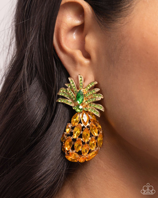 Forming a dazzling pineapple, round green rhinestones, and yellow and green marquise-cut gems fan out and flair across the ear for a fantastically fruity display. Earring attaches to a standard post fitting.  Sold as one pair of post earrings.