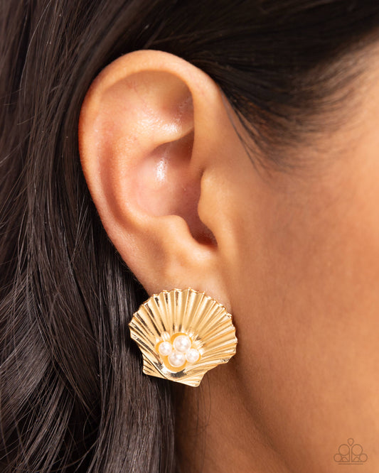 <p>Delicately perched in the center of a crimped gold oyster shell, a quartet of glossy white pearls glimmers from the ear for a coastal chic look. Earring attaches to a standard post fitting.</p> <p><i> Sold as one pair of post earrings.</i></p>