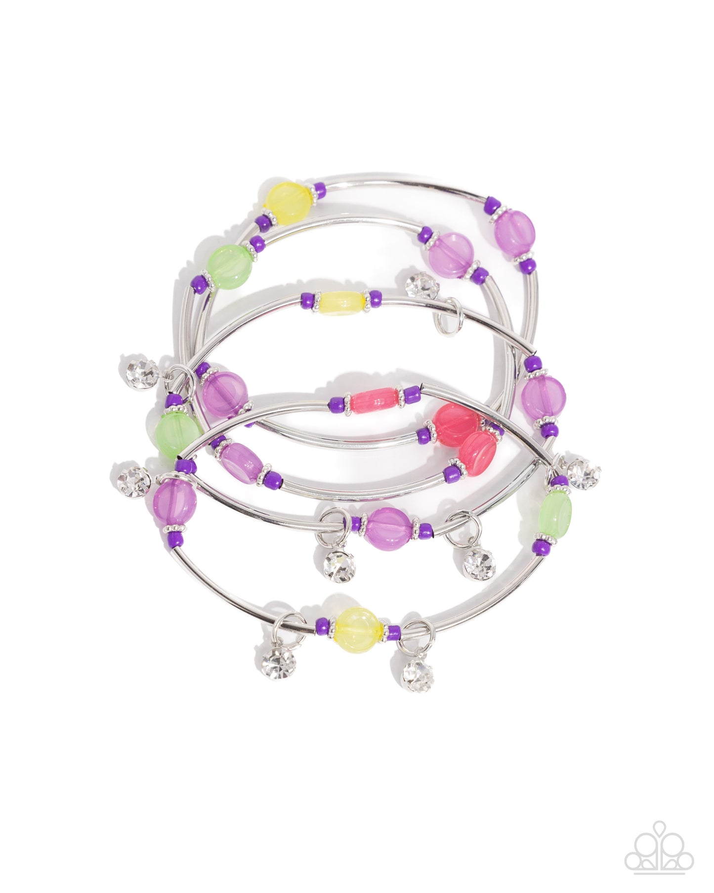 <p>Infused along stretchy bands, a collection of flexible silver rods, purple seed beads, and silver floral beads loop around the wrist, creating a scintillating stack. A collection of clear Lemon Drop, apple green, purple, and Pink Peacock acrylic beads, and dangling solitaire white rhinestones add further color and interest to the design.</p> <p><i> Sold as one set of four bracelets.</i></p>
