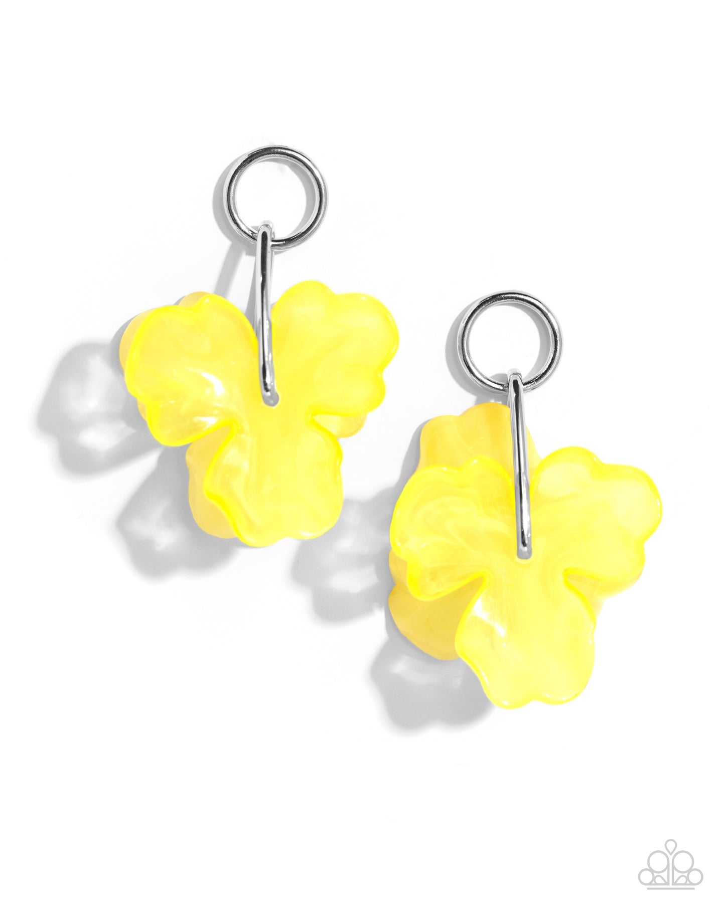 <p>A high-sheen silver hoop gives way to acrylic Primrose and Lemon flowers that are threaded through the center of a hoop by a silver attachment for a whimsical, fun pop of color along the ear. Earring attaches to a standard post fitting.</p> <p><i> Sold as one pair of post earrings.</i></p>