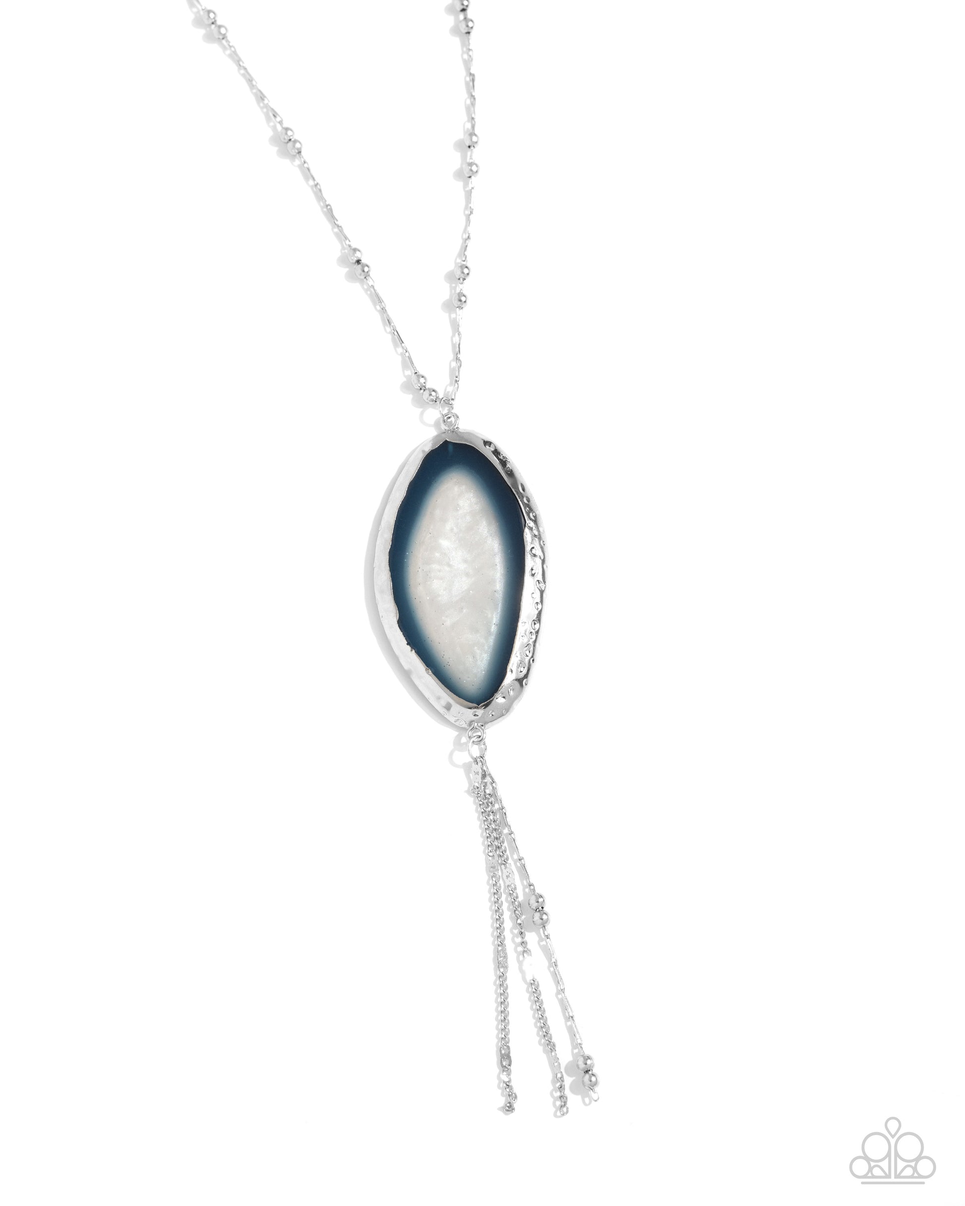 <p>Pressed in an abstract, hammered oval frame, a transparent blue geode-like stone glistens below the collar from an abstract silver satellite chain for a blissfully balanced look. Strands of dainty silver classic and satellite chains cascade from the geode pendant for additional detail and eye-catching movement. Features an adjustable clasp closure.</p> <p><i> Sold as one individual necklace. Includes one pair of matching earrings.</i></p>