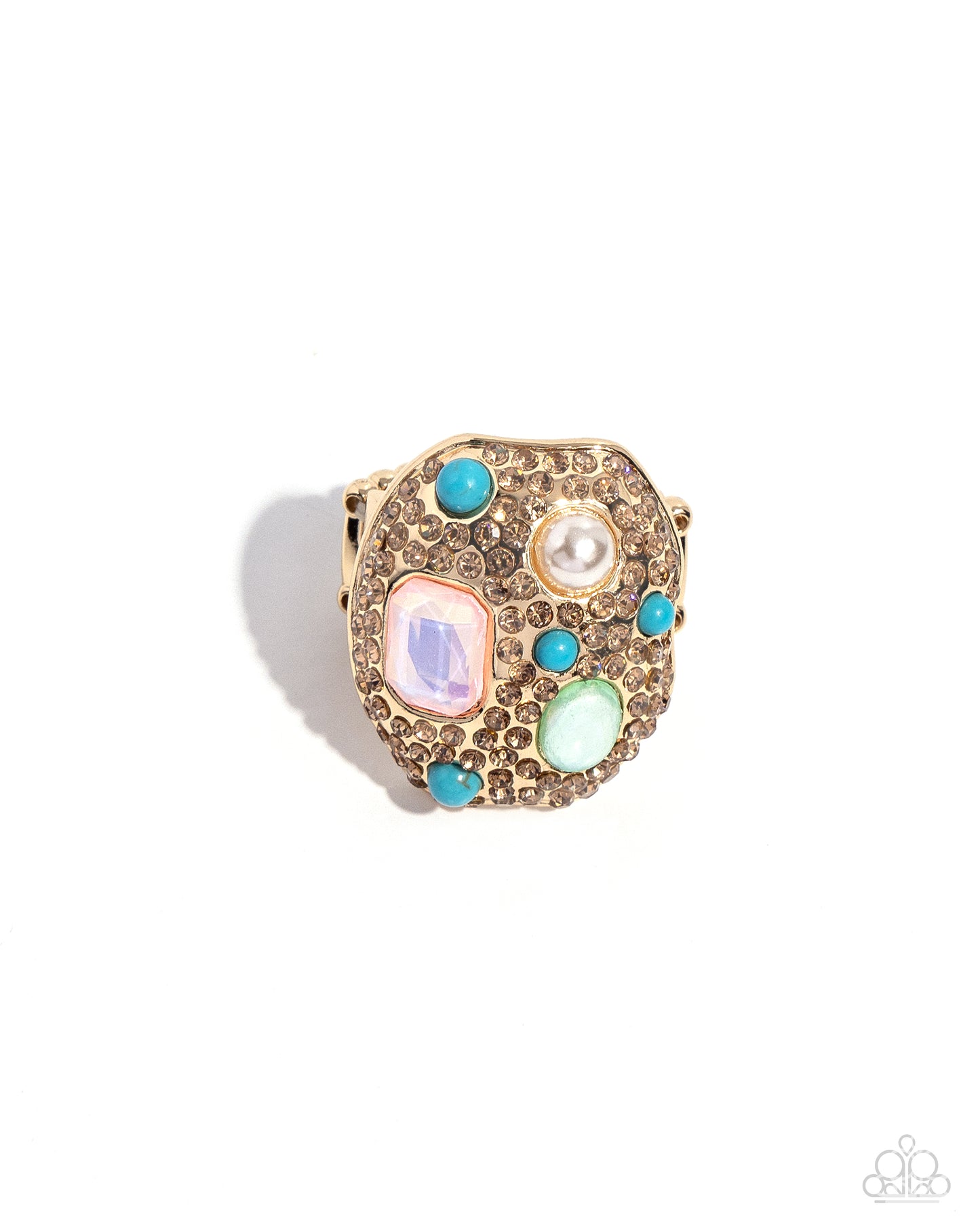 <p>Embellished in light-colored topaz rhinestones, an oval abstract gold ring glitters atop the finger. Turquoise beads, a white pearl, an emerald-cut pink iridescent gem, and a green opalescent oval bead create additional color and shine. Features a stretchy band for a flexible fit. Due to its prismatic palette, color may vary.</p> <p><i> Sold as one individual ring.</i></p>