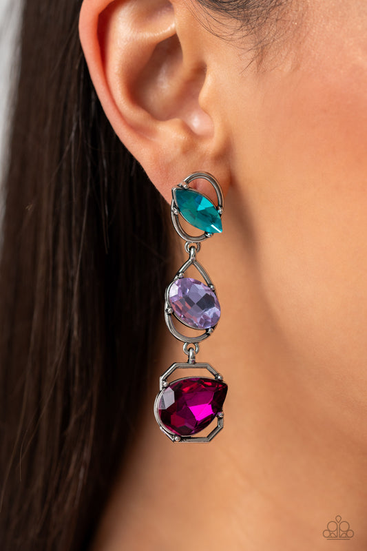 Linking together to create a geometric lure, a sleek silver oval, teardrop, and emerald-cut frame cascade down the ear. Slanted sideways in pronged settings across each frame, a fuchsia teardrop, purple oval-cut, and aquamarine marquise-cut gem create a gorgeous pop of color against the thin edgy frames. Earring attaches to a standard post fitting.  Sold as one pair of post earrings.