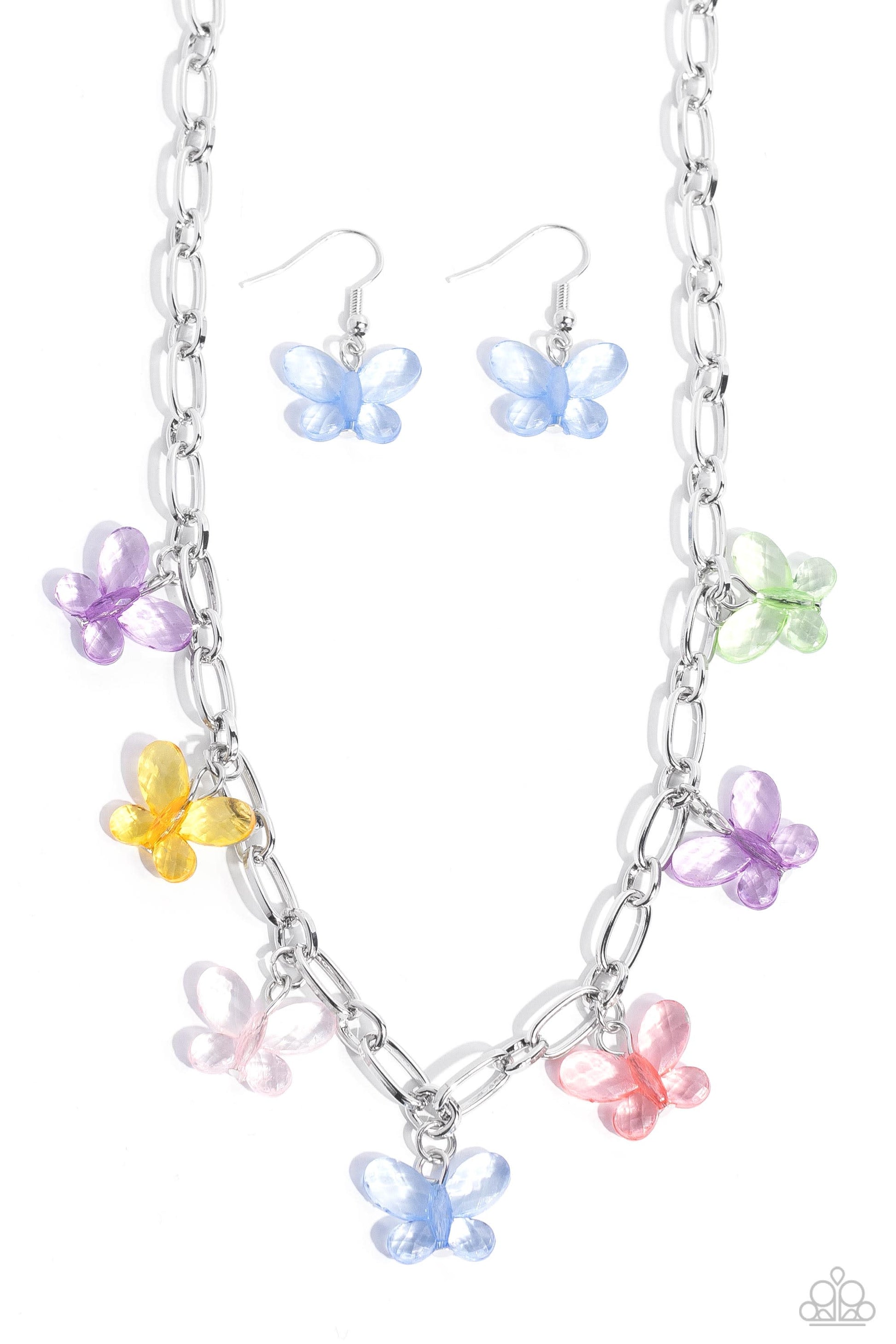 Fluttering along a silver paperclip chain, a glassy collection of colorful butterflies whimsically connects below the collar for an enchanting fashion. Features an adjustable clasp closure.  Sold as one individual necklace. Includes one pair of matching earrings.