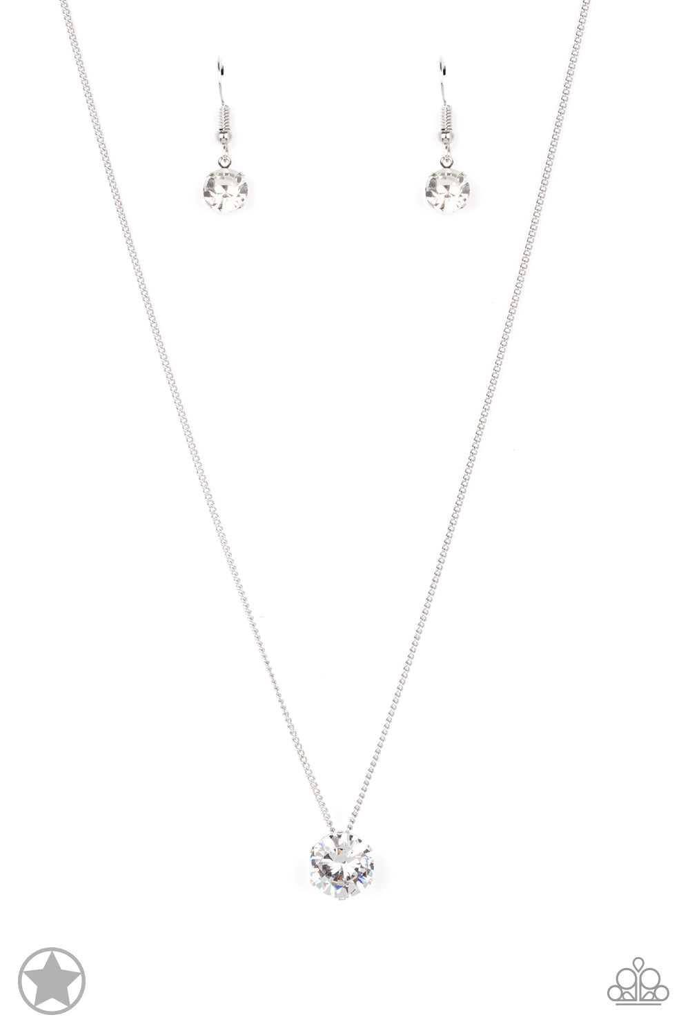 A single rhinestone sparkles brilliantly at the bottom of a dainty silver chain, creating a stunning solitaire design. Features an adjustable clasp closure.  Sold as one individual necklace. Includes one pair of matching earrings.