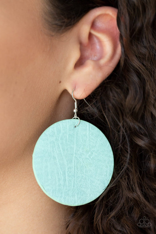 Featuring a textured finish, a refreshing green leather frame swings from the ear for a trendy look. Earring attaches to a standard fishhook fitting.  Sold as one pair of earrings.