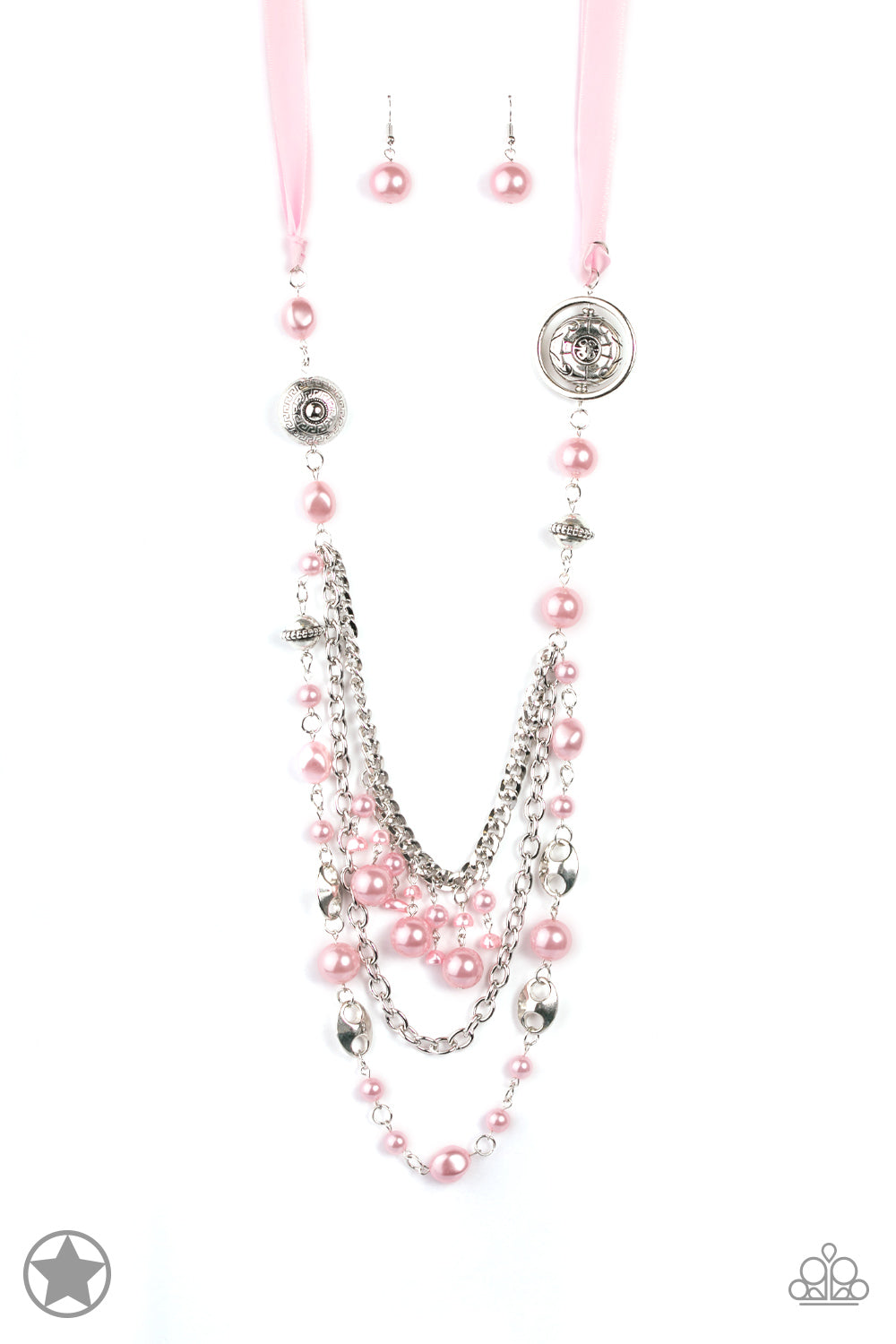 A silky pink ribbon replaces a traditional chain to give an elegant look. Pearly pastel pink beads and funky silver pieces intermix with varying lengths of silver chains to give a fresh take on a Victorian-inspired piece.  Sold as one individual necklace. Includes one pair of matching earrings.