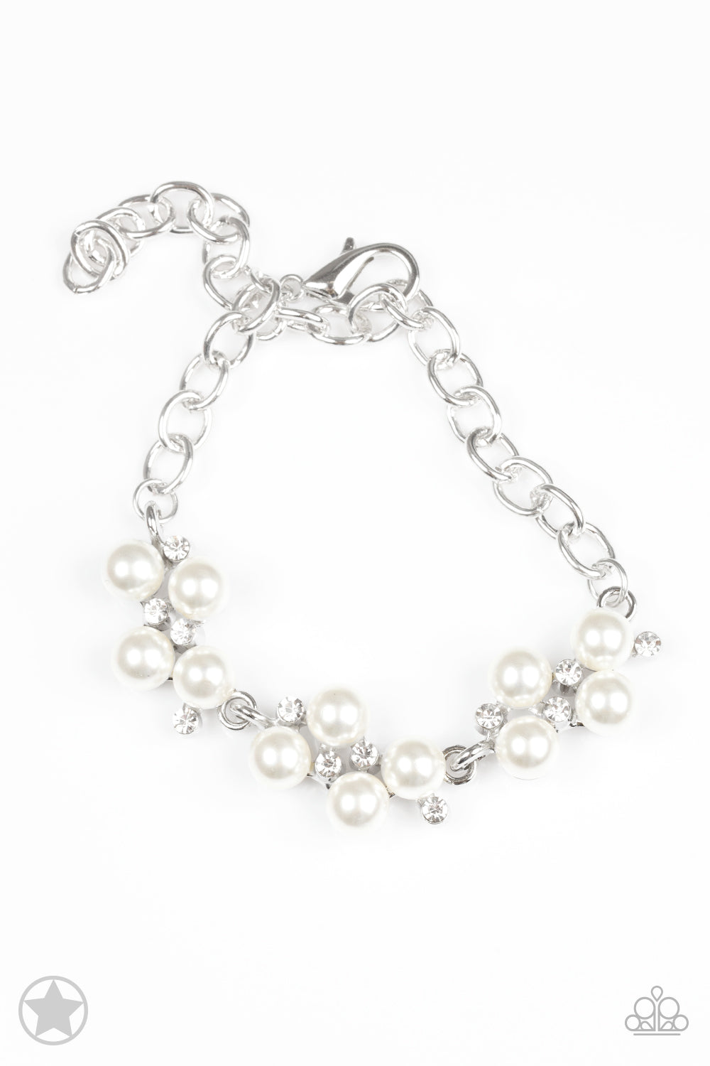 Small clusters of shimmery white pearls are dusted with sparkling rhinestones, creating a romantic timeless design. Features an adjustable clasp closure.  Sold as one individual bracelet.   Get The Complete Look! Necklace: "Love Story" (Sold Separately)