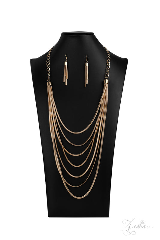 Dramatically capped in bold fittings, lengthened rows of gold herringbone chains layer flawlessly together across the chest. The sleek display attaches to strands of oversized gold links, adding a gritty industrial edge to this majestic masterpiece. Features an adjustable clasp closure.  Sold as one individual necklace. Includes one pair of matching earrings.