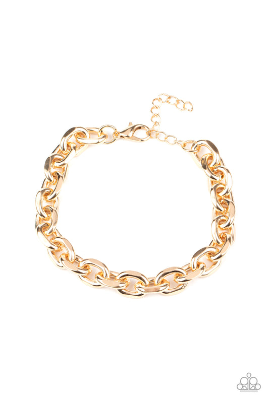 Featuring faceted edges, oversized gold oval links connect around the wrist for a bold chain look. Features an adjustable clasp closure.  Sold as one individual bracelet.   Get The Complete Look!  Necklace: "Steel Trap - Gold" (Sold Separately)