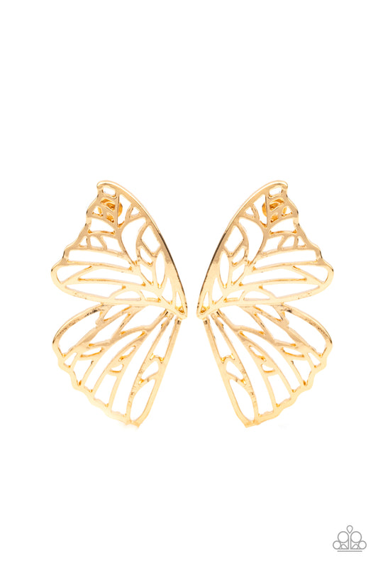Shimmery gold bars delicately climb scalloped gold frames, coalescing into a whimsical butterfly wing. Earring attaches to a standard post fitting.  Sold as one pair of double-sided post earrings.