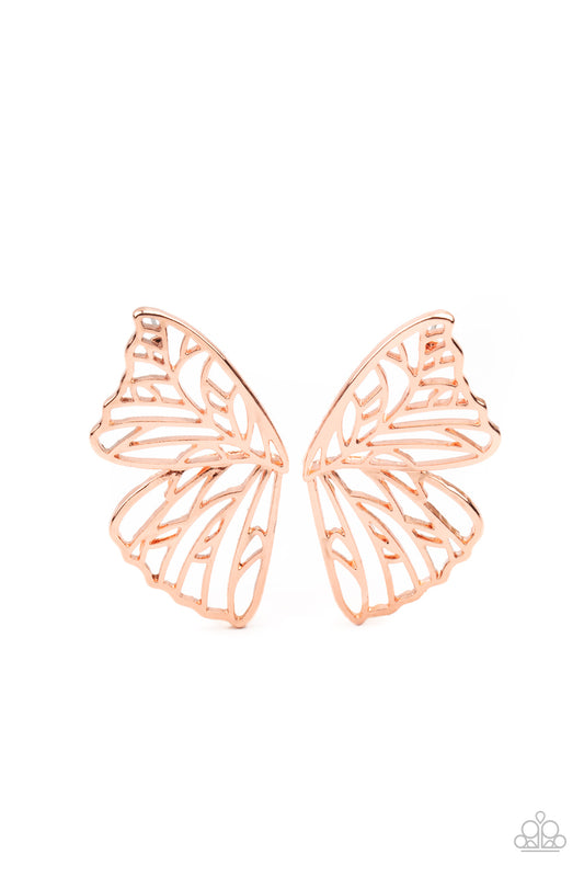 Shiny copper bars delicately climb scalloped shiny copper frames, coalescing into a whimsical butterfly wing. Earring attaches to a standard post fitting.  Sold as one pair of post earrings.