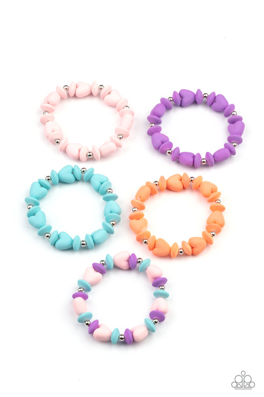 Pack of ten bracelets in assorted colors and shapes with a retail price of $1 each. Infused with heart shaped beads, these colorful stretchy bracelets vary in shades of pink, blue. coral, purple, and multicolored.