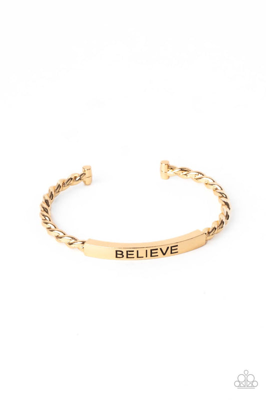 Twisted gold bars attach to a shiny gold plate stamped in the word, "BELIEVE," creating an inspiring cuff around the wrist.  Sold as one individual necklace.