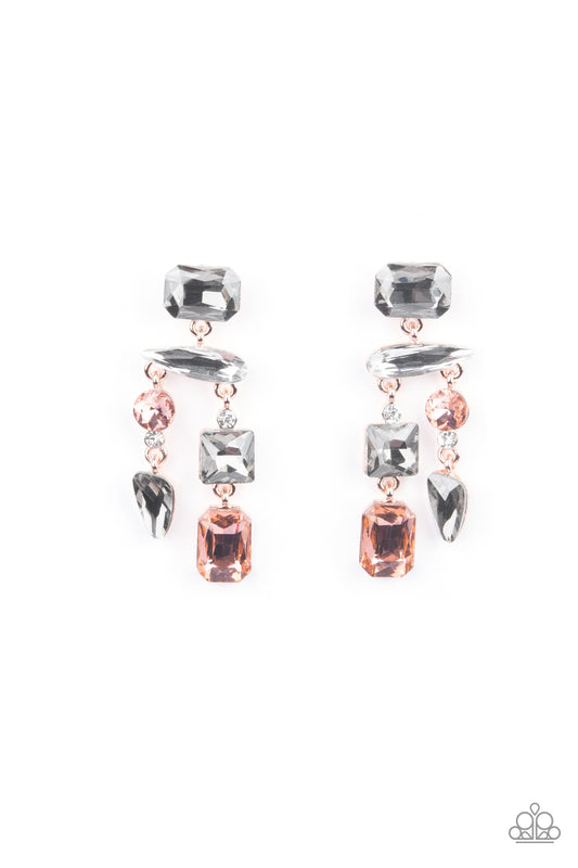 Varying in shape, a smoldering collection of white, smoky, and topaz gems haphazardly link into an edgy chandelier of rose gold frames. Earring attaches to a standard post fitting.  Sold as one pair of post earrings.