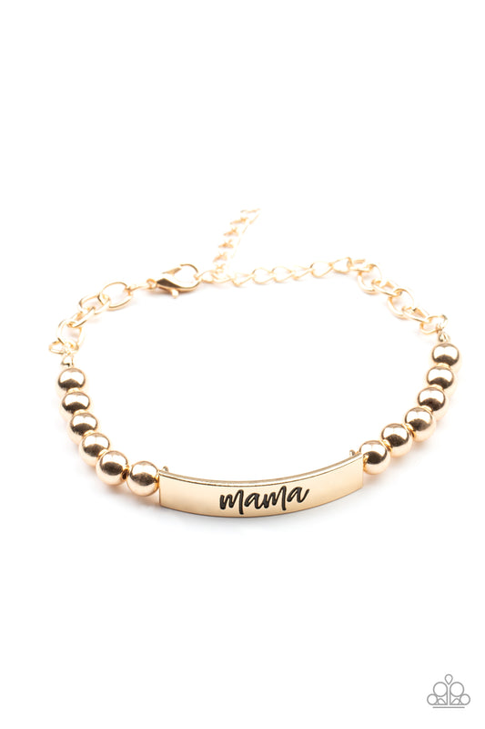 Stamped in the word, "Mama," a curved gold plate attaches to strands of gold beads threaded along invisible wire around the wrist, creating a sentimental centerpiece. Features an adjustable clasp closure.  Sold as one individual bracelet.