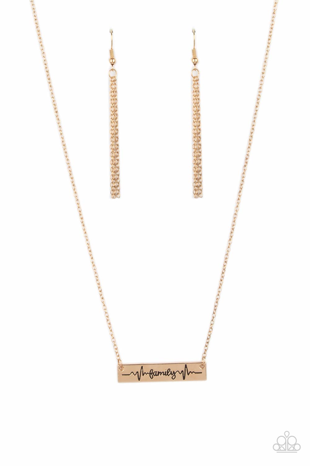 The word "Family," is inscribed between symbolic life lines on a shining rectangular gold plate creating an affectionate keepsake on a dainty gold chain below the collar. Features an adjustable clasp closure.  Sold as one individual necklace. Includes one pair of matching earrings.