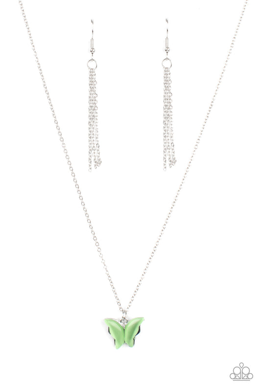 Infused with glistening green cat's eye stone wings, a shiny silver butterfly pendant swings from a dainty silver chain below the collar for a whimsy flair. Features an adjustable clasp closure.  Sold as one individual necklace. Includes one pair of matching earrings.