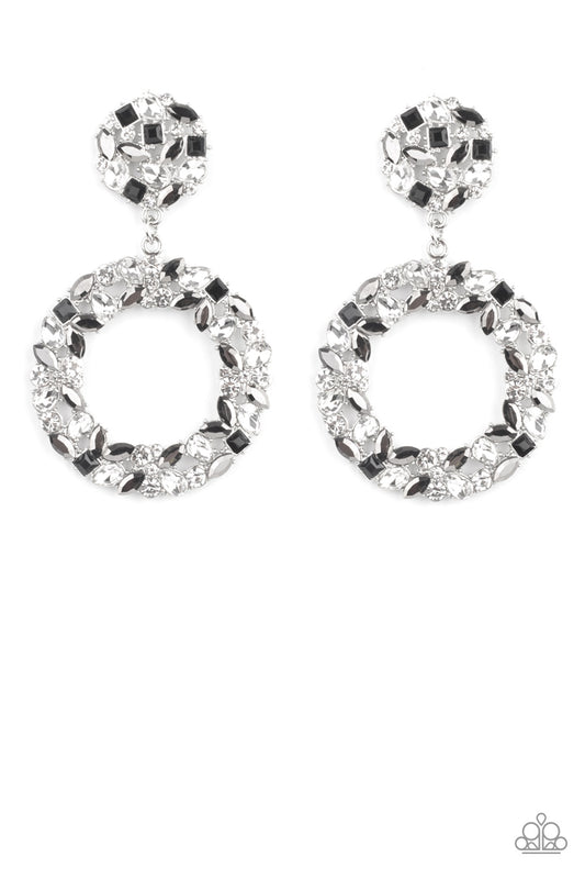 A sparkly wreath of marquise cut hematite, black square, white teardrop, and classic white rhinestones delicately swing from the bottom of a matching round frame, creating a dramatically dazzling statement piece. Earring attaches to a standard post fitting.  Sold as one pair of post earrings.
